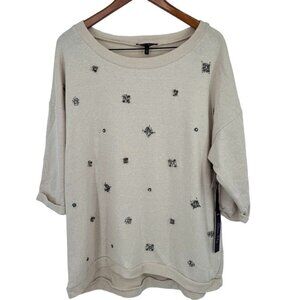 Olivia Sky Womens Beige Top shirt Size 1x Beaded Embellishments 3/4 Sleeve new